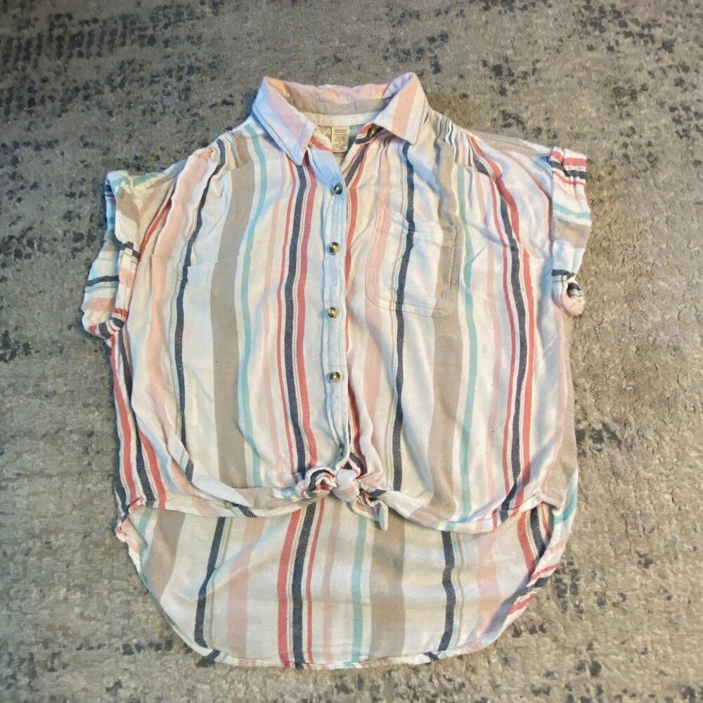 Japna Women S Pastel Rainbow Vertical Stripe Tie Front Button Up Shirt Blouse M